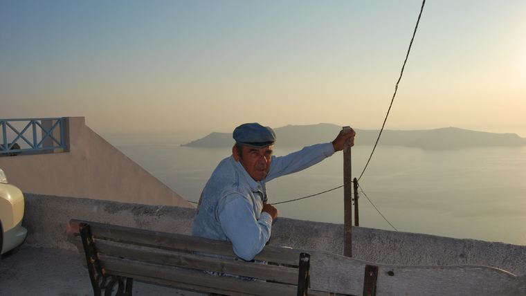 Imerovigli on the highest point of the Santorini caldera rim, where material reaches most properties by hoist or by hand